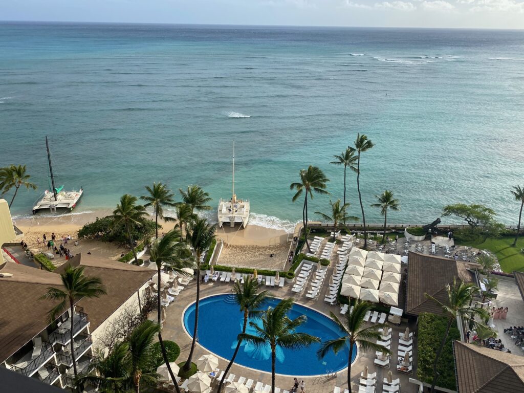 Overlooking the swimming pool of the Halekulani Resort with palm trees and the ocean beyond.